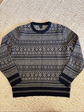 J. Crew Navy and White Fair Isle Crewneck Sweater